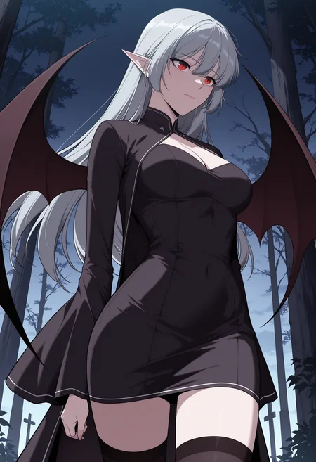 masterpiece,best quality,1girl,red eyes,devil_eyes,long hair,grey hair,hair between eyes,pointy ears,flowing hair,medium breast,cleavage,VampireDZ1,black dress,pencil dress,high collar,collared dress,cut-out dress,open back,white trim,black robe,long sleeves,flowing sleeves,flared cuffs,bat wings,demon wings,red lining,thigh-highs,garter straps,
anime screencap,anime coloring,<lora:AliceF7:1>,<lora:anime_screencap-IllustriousV2:0.7>,
standing utterly still in the center of a vast, overgrown, forgotten cemetery, where moonlight filters eerily through skeletal trees. Her pose is one of regal stillness, a silent guardian. Her eyes hold an ancient, piercing intensity, reflecting centuries of solitude and the countless stories buried beneath her feet