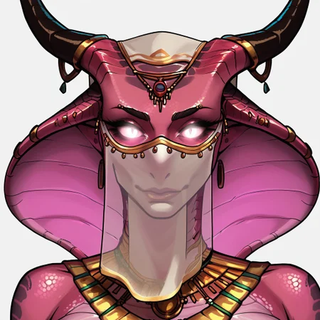 score_9, score_8_up, score_7_up, score_6_up, source_cartoon, black outlines, 1girl, portrait face, (close up:1.5), white background, simple background, cobra, scales, scaly skin, white veil, mouth veil, transparent fabric, tribal jewelry, gold jewelry, horns, piercings, pale skin, pink skin, white glowing eyes, no ears