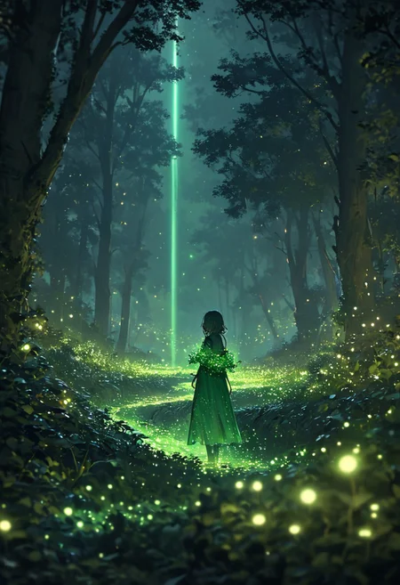 Masterpiece, HD, 4K, long view, long shot, cinematic lighting, green forest, lime green trees, beautiful green grass, white flowers, multiple trees, glowing leaves, glowing green leaves, ray of light, green fireflies, night, nighttime, bioluminescent, glowing, shooting star, shooting star, aesthetic background,