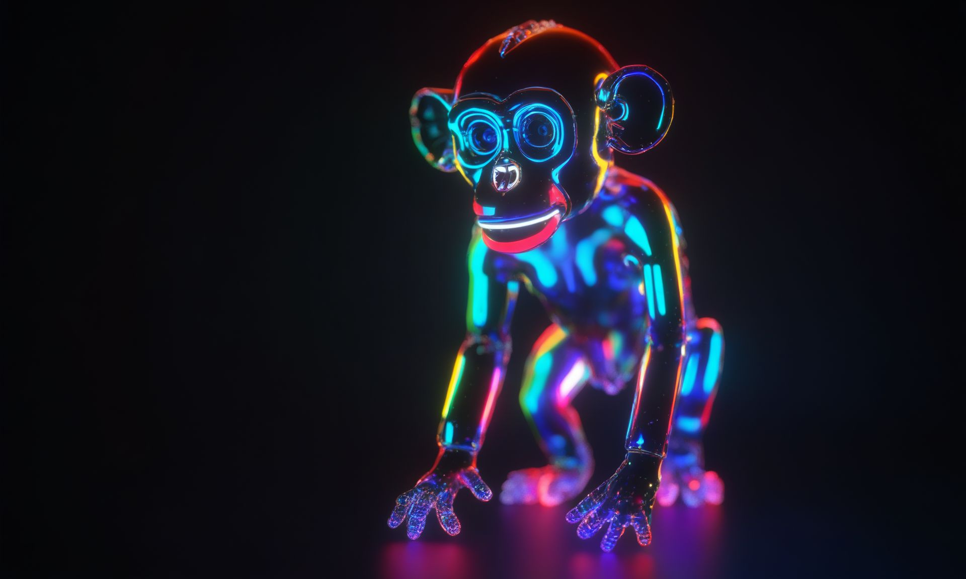 <lora:shineglasscd_xl-000005:0.7>,a (shineglasscd_xl,shine glass,neon lights,light particles,colorful:1.3,gradient,chromatic aberration) mechanical monkey,no humans,long-focus,tilt-shift,dark background,simple background,full body,chinese zodiac,cutie,cute,still life,front view,facing viewer,looking at viewer, emotional,harmonious,high budget,moody,epic,gorgeous,perfect lighting,realistic,photorealistic,photographic,photo (medium),real,moody lighting,volumetric lighting,reality ray tracing,8K,HDR,UHD,masterpiece,best quality,highly detailed,high resolution,finely detail,extremely detailed,ultra detailed,wallpaper