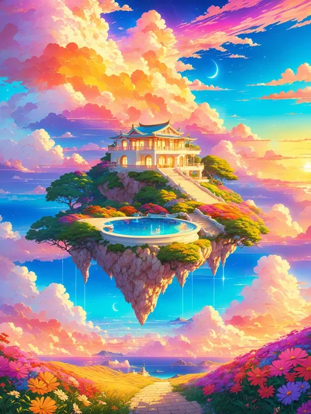best quality, hdr, hd, cel shading, illustration, masterpiece, floating island in the sky, vibrant crystalline city, terraces, foreground greek villa, studio ghibli, matte painting, beautiful nature landscape, art by rhads, trending on artstation, golden hour, cel shading, breathtaking colorful clouds, stars, streaks, makoto shinkai, latex textures, postcard, synthwave colors, foreground wildflowers, supercell
<lora:last:1.2>