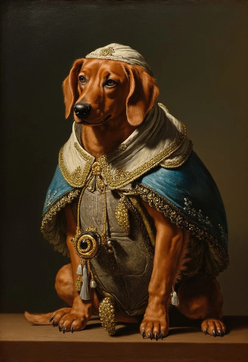 Renaissance oil painting with dramatic lighting in renaissance style of a fantastic creature dog, dachshund with turtle shell the turtle shell covers most of dog body just like a turtle, the creatue is half dog, half turtle, shell is part of dogs body, dog wears oversied mitra on his head dog is dressed as a high ranked priest wearing a lot of ornaments, he stands pround on his four legs on the golden throne
