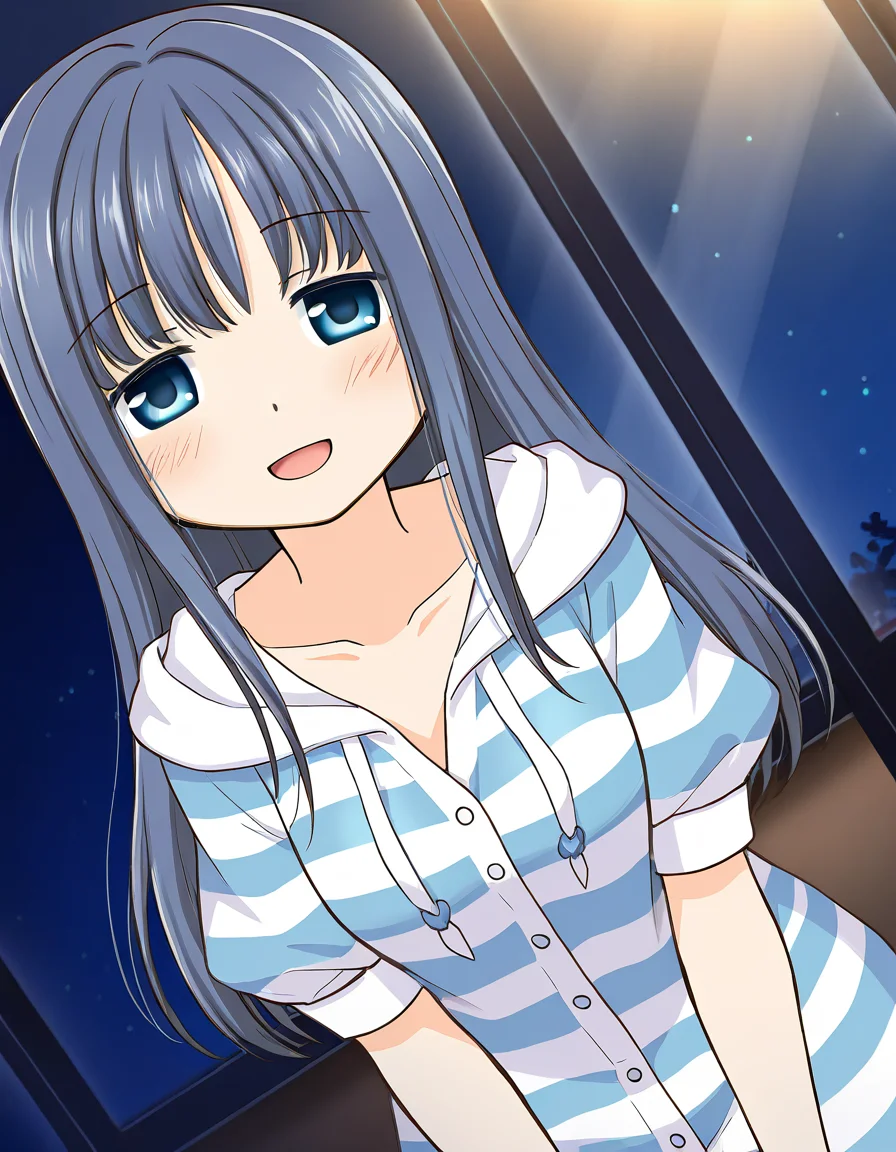masterpiece, best quality, newest, absurdres, highres, safe, 1girl, nanami yachiyo \(pajamas costume\), magia record: mahou shoujo madoka magica gaiden, smile, open mouth, solo, night, indoors, dutch angle, <lora:nanami_yachiyo_noobaiXLNAIXL_vPred10Version:0.7>