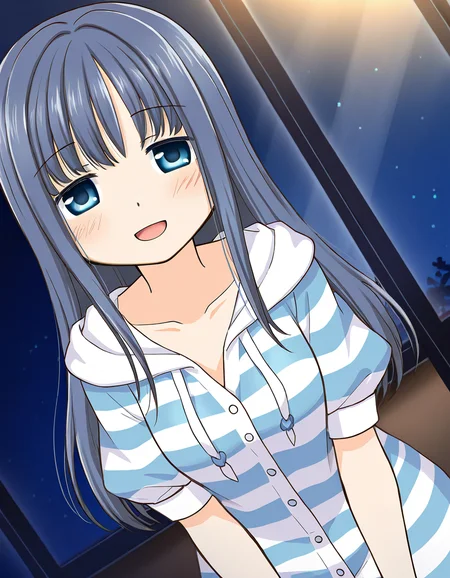 masterpiece, best quality, newest, absurdres, highres, safe, 1girl, nanami yachiyo \(pajamas costume\), magia record: mahou shoujo madoka magica gaiden, smile, open mouth, solo, night, indoors, dutch angle, <lora:nanami_yachiyo_noobaiXLNAIXL_vPred10Version:0.7>