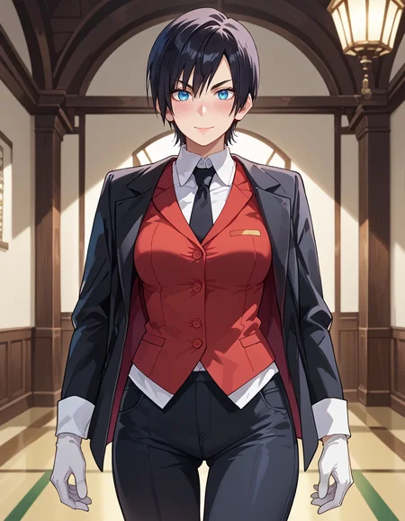 score_9, score_8_up, score_7_up, source_anime, anime screencap, anime coloring, masterpiece, best quality, uncensored, 1girl, solo, (cowboy shot:1.2), aonuma, tomboy, black hair, short hair, asymmetrical bangs, hair between eyes, blue eyes, sharp eyes, thin eyebrows, medium breasts, tall female, formal, black pant suit, (tailcoat, coattails:1.2), (black jacket, red vest), buttons, white collared shirt, wing collar, lapels, breasts, (black pants:1.2), white gloves, black footwear, black necktie, <lora:Aonuma_Eishuu Meikaroku_Pony:1>, standing, blush, light smile, indoors, cool face, shiny body, shiny skin, (skindentation:1.2), clear skin, shiny hair, ultra detailed eyes, depth of field, sharp, (intricate details, hyperdetailed:1.15)