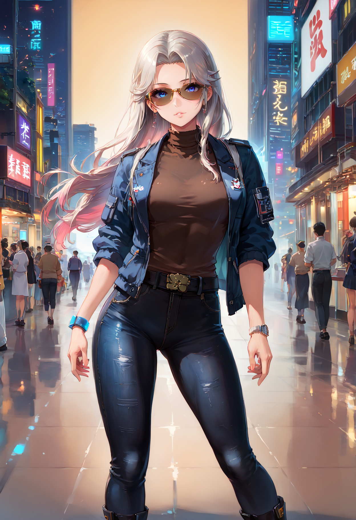Expressiveh, c4rll4r, masterpiece, score_9, score_8_up, score_7_up, score_6_up, (neon glow, dreamlike, dreamart:1.1), perfect quality, highest quality, 8k, hyperrealistic, highest details, hdr, ultrasharp, cinematic, (perfect breasts:1.1), detailed hair, (stunning background:1.3), 1 female, (37 years old), nsfw, uncensored, epcd, aviator black sunglasses, brown sweater, denim, blue jacket, belt, wristwatch, black jeans, high heel boots, posing, elegant, sexy, seductive, tourist, (sightseeing:1.2), outdoors, (tokyo, japan:1.4)<lora:EnterprisePDcompleteV1 AL.safetensors:0.7000000000000001:0.7000000000000001> <lora:SDXLFaeTastic2400.safetensors:1.0:1.0> <lora:c4rll4rXLP.safetensors:0.3:0.3> <lora:incase_style_v3-1_ponyxl_ilff.safetensors:0.3:0.3> <lora:Expressive_H-000001.safetensors:0.4:0.4> <lora:sinfully_stylish_PONY_0.2.safetensors:0.2:0.2>
