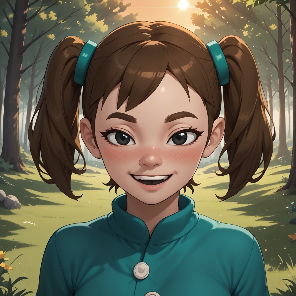 score_9, score_8, BREAK, solo, Mii, Wii, Black Eyes, Half circle eyebrows, big nose, half circle nose, blush, white skin, open mouth, green-ish brown hair, twintails, dark green clothing, 1girl, female mii, Wii Sports Resort, black pants, shoes, cute, medium breasts, Midori_(\Wii_Sports_Resort\), teeth, Nintendo Mii, modern_mii, classic_mii, sexy pose, self portrait, smile, outdoors, sunlight, shadows, evening lighting, natural lighting, forest, trees, grass, orange sky, sunset