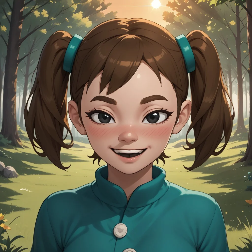 score_9, score_8, BREAK, solo, Mii, Wii, Black Eyes, Half circle eyebrows, big nose, half circle nose, blush, white skin, open mouth, green-ish brown hair, twintails, dark green clothing, 1girl, female mii, Wii Sports Resort, black pants, shoes, cute, medium breasts, Midori_(\Wii_Sports_Resort\), teeth, Nintendo Mii, modern_mii, classic_mii, sexy pose, self portrait, smile, outdoors, sunlight, shadows, evening lighting, natural lighting, forest, trees, grass, orange sky, sunset