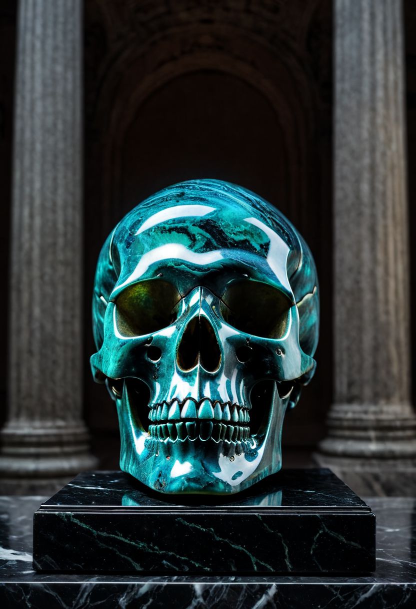 Fujifilm XT3, Sony A7 IV, (award winning photography) a (black: 0.89) marble skull made of opal set on a pedestal in temple, glistening. in the background beautiful pillars, divine (iridescent: 0.79), opalescent textures, volumetric light, ethereal, sparkling, studio photo, highly detailed, sharp focus (highest quality: 1.39) (highest coherency: 1.39) (award winning photography), highly detailed photography, (muted colors, cinematic, dim colors, soothing tones:1.2), vibrant, insanely detailed, hyperdetailed, (dark shot:1.2), (vsco:0.3), (intricate details:0.9), (hdr, hyperdetailed:1.2) (vignette), sss