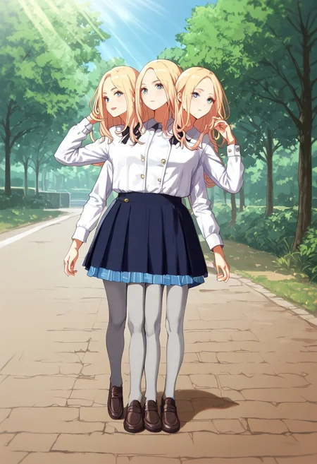((1girl)), ((8arms, three heads, six legs, trileg)),  score_9, score_8_up, score_7_up, score_6_up, score_5_up, score_4_up, shiny skin, leg focus, juosena, (( grey pantyhose)), loafers, fully clothed, casual, walking , slender legs, from behind,outdoors, park, [shadows], light rays, Expressiveh
