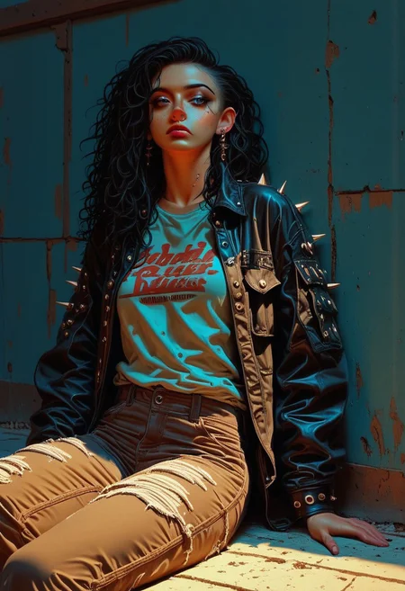 This is a digital drawing in a semi-realistic style, showcasing a young woman sitting on the ground with her back to the wall. The subject has very long black curly wet hair. She has a fair complexion. She wears an oversized leather jacket adorned with metal studs and spikes with multiple pockets and padding on the outside that is torn up. Under that she wears a shirt that is slightly wrinkled, adding to the casual, relaxed vibe of the scene. Tattered brown jeans. She has a nose ring and ear studs. There is trash on the ground.
The woman is posed casually, lounging on the bench in a relaxed state without a care in the world. She has multiple piercings and has a punk rock vibe.
The background features a chipped paint wall which is painted in a dark blue hue, contrasting with the warm, amber-colored lighting that bathes the scene. The lighting casts dramatic shadows, emphasizing the woman's muscular build and the texture of her t-shirt. The overall mood of the image is contemplative and somewhat melancholic, enhanced by the warm, muted tones and the woman's introspective posture.
Ultra-detailed, HD, 8K quality, flawless anatomy, and vibrant contrasts that elevate the composition's opulent allure. The image has high contrast where reflected light appears brighter and shadows appear darker which enhances the contrast and hue which results in a visually stunning image that captures the eye easily. goonstyle