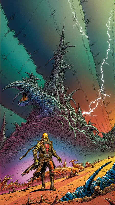 "A lone space traveler navigates a barren alien planet, surrounded by colossal, decaying spacecraft. The skies are stormy, with flashes of lightning illuminating the twisted metal. The traveler's suit is worn and battle-scarred, with a glowing visor that reflects the eerie landscape. The scene is filled with intricate details, like swirling dust storms and distant mountain ranges, evoking a sense of isolation and danger." <lora:metal_hurlant_v1:1.75>