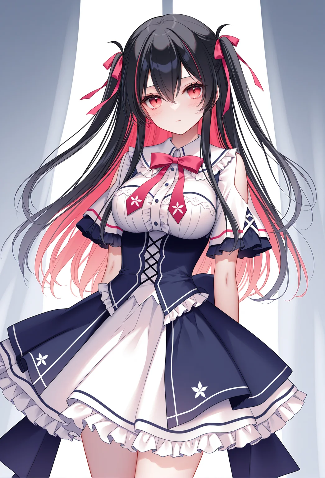 masterpiece, best quality, newest, absurdres, highres,(bison cangshu: 0.6),(hiten \(hitenkei\):0.4),(rimuu:0.5),(mignon:0.5),(sheya:0.6),cowboy shot, 
  ren(def), 1girl, long hair, black hair, multicolored hair, red eyes, hair between eyes, red hair, colored inner hair,
   koisurusefuku, white shirt, frills, frilled skirt, bowtie, <lora:ren(witch)XLNAI:1>,<lora:KoisuruXLNAI:1>