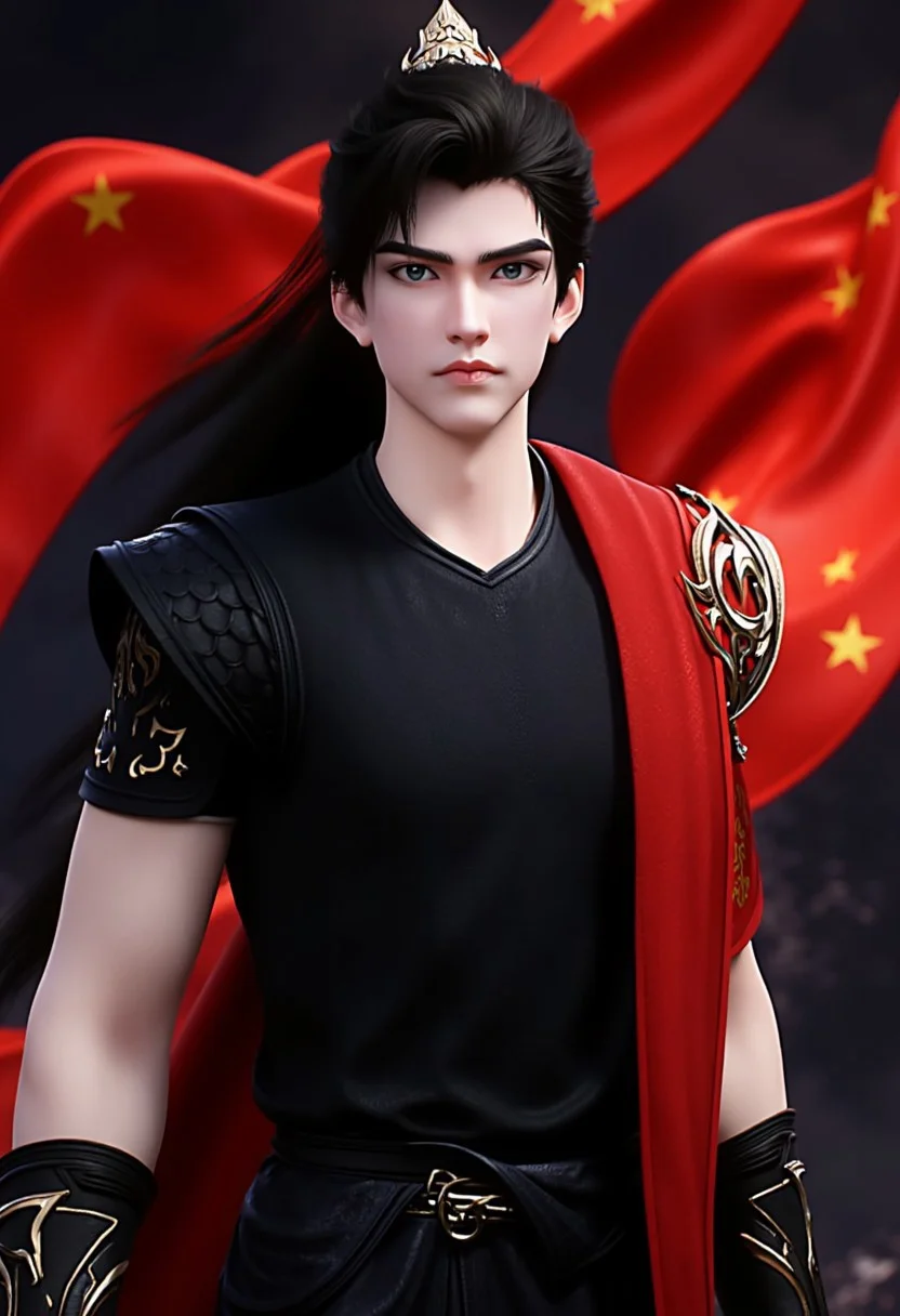 This is a highly detailed photo depicting a young man shihao with a striking appearance. He has long, black hair and intense gray eyes that stand out against his pale skin. His facial expression is serious, with a slight smirk. He is dressed in a sport style black t-shirt and black jeans. A red scarf with a yellow star emblem drapes over his shoulder, adding a bold contrast to the dark colors of his outfit. The background is a mix of dark, shadowy elements and a large, flowing red flag with yellow stars, which dominates the composition, creating a sense of grandeur and patriotism. The overall style is national festival poster in realism, with sharp lines and detailed shading, emphasizing the dramatic and heroic nature of the subject. The image exudes a sense of strength and authority, with the red and gold colors evoking a sense of national pride and military might.