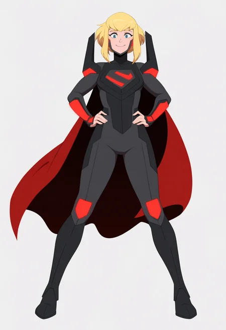 masterpiece, best quality, very aesthetic, absurdres,
1girl, karazorel, blonde hair, blue eyes, short hair,
armor, bodysuit, cape,
hands on hips, full body, standing, smile, solo, looking at viewer, (simple background, white background:1.3) <lora:KaraZorelNoobXL_byKonan:1>
