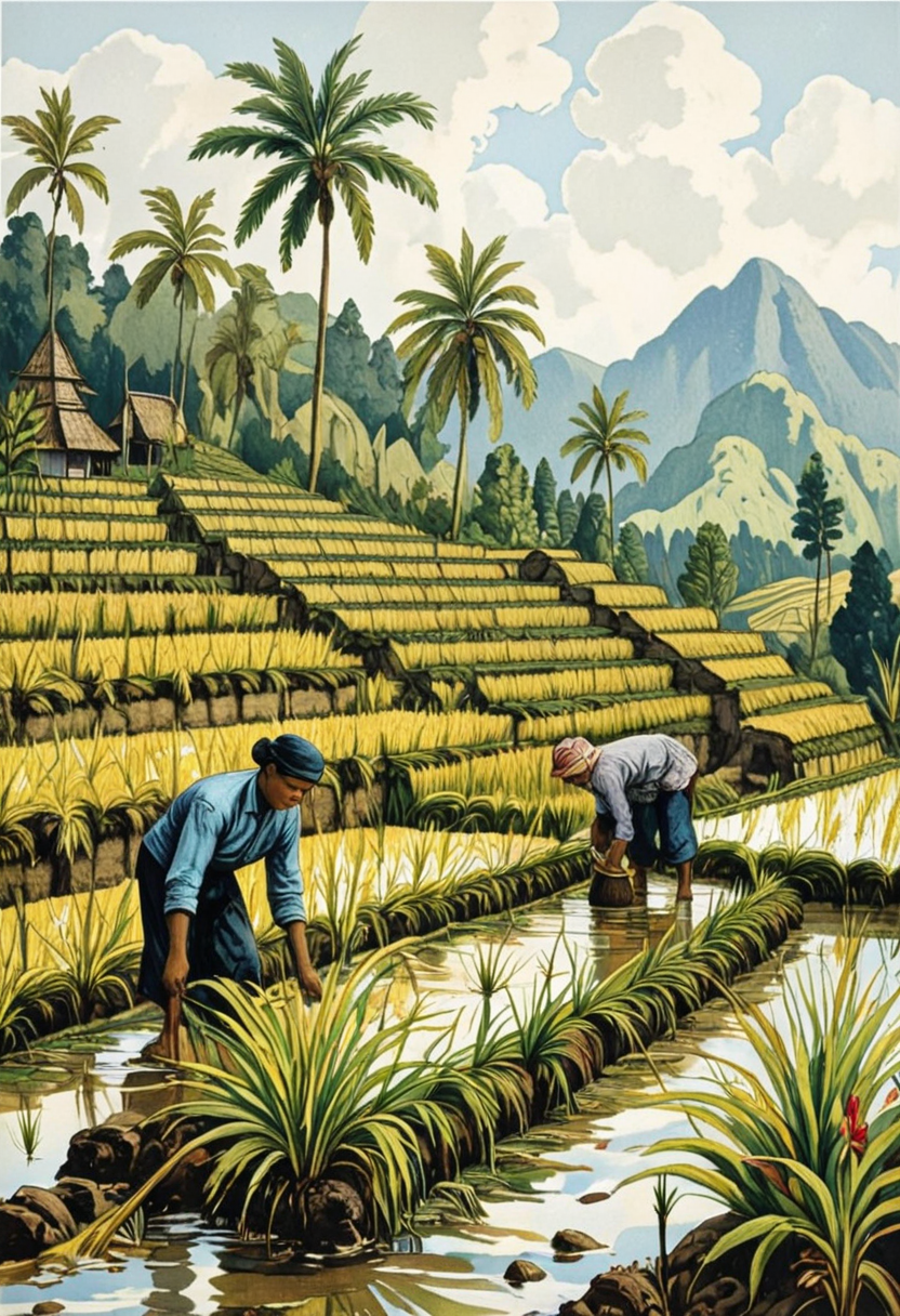 Farmers planting wet rice in terraced fields of West Sumatra., in memadukan_painter art style, 19th century indies vintage illustration by Auguste van Pers, painting