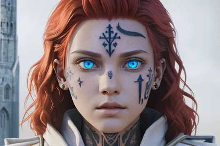 bright red hair, human female, (feminine:1.7), (beautiful face, detailed face:1.6), (beautiful eyes, detailed eyes:1.7), (looking at viewer, eye contact, intense:1.6), (long hair, red hair, curly hair:1.3), , ((masterpiece, best quality, high resolution, realistic, best quality,)), photo realistic, Perfect Face, (detailed face). <lora:GoodHands-vanilla:0.6> <lora:add-detail-xl:0.8>, mage, (Dress White military uniform coat), dagger, rune dagger, glowing runes, , (((glowing magic symbols tattoos, religious tattoos))), ((face tattoos)), glowing tattoos, stone tower in the background