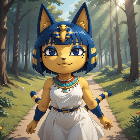 score_9, score_8, BREAK, solo, Ankha_The_Cat_(Animal Crossing), black_eyes, blue_hair, short_hair, yellow_skin, cat_girl, large_breasts, shortstack, shiny_skin, short_dress, white_dress, sleeveless, jewelry, self portrait, smile, looking at viewer, outdoors, sunlight, shadows, evening lighting, natural lighting, forest, trees, grass, orange sky, sunset