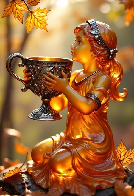 ((amber)) glass Sculptures of girl holding silver cup, autumn forest, (Fine-Cut Glass,  An art nouveau jewellery)