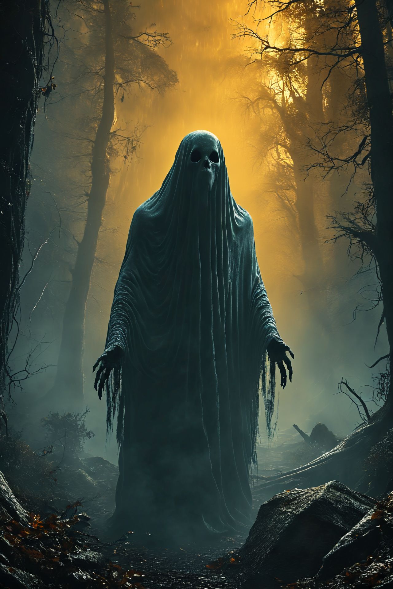 A creepy looking ghost in a dark forest, horror fantasy art, dark fantasy horror art, just art for dark metal music, fantasy horror art, detailed 4k horror artwork, dark fantasy artwork, eerie and grim art style, dark fantasy art, horror artwork, horror art, fantasy dark art, grimdark art, horror concept art, elegant horror artwork  <lora:add-detail-xl:1>  <lora:MJ52:1>