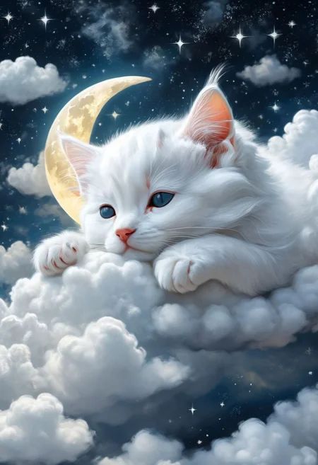 A white kitten is sleeping on the clouds. There's a moon in the night sky and no stars Removed From Image ugly, deformed, noisy, blurry, distorted, out of focus, bad anatomy, extra limbs, poorly drawn face, poorly drawn hands, missing fingers<lora:xl_more_art-full_v1:0.3> <lora:MJ52:0.4>