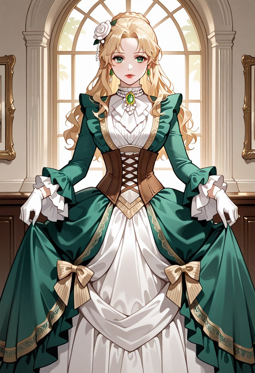 score_9, score_8_up, score_7_up, BREAK, AudreyHall, long hair, wavy hair, blonde hair, green eyes, braid, single hair bun, braided bun, red lips, lipstick, hair ornament, hair flower, white rose, earrings, white ascot, brooch, green gemstone, pearl necklace, long dress, layered dress, multicolored dress, green dress, white dress, frilled dress, brown corset, frilled sleeves, long sleeves, wide sleeves, white gloves, 1girl, solo,