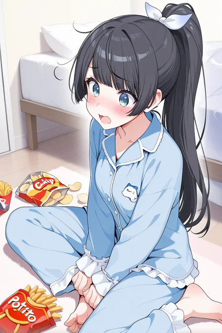 masterpiece, best quality, amazing quality,
<lora:Rei_IL:1> rei, 1girl, long hair, solo, pajamas, french fries, black hair, sitting, food, chips (food), ponytail, virtual youtuber, barefoot, indoors, open mouth, bangs, blush, potato chips