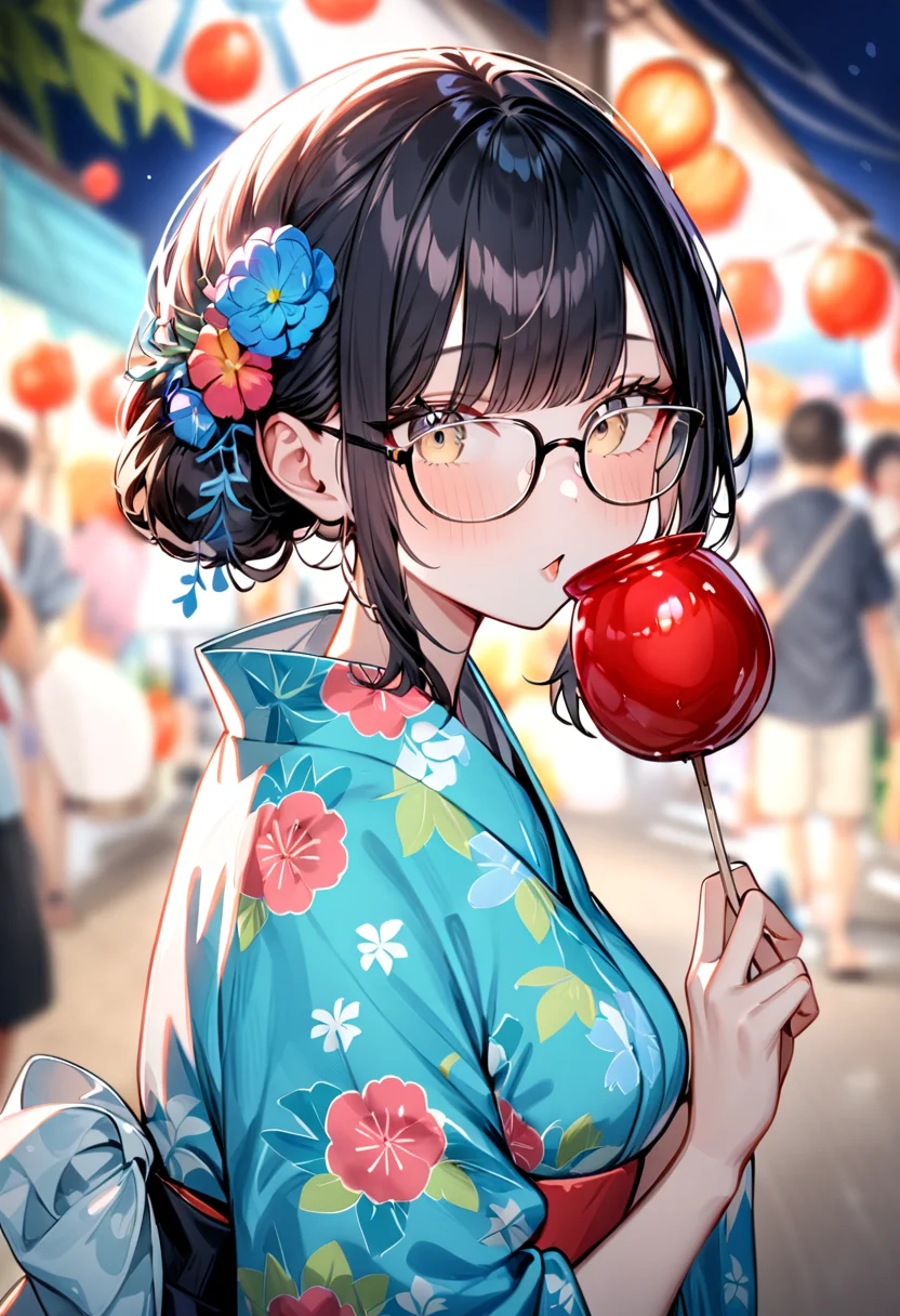 masterpiece, best quality, very aesthetic, absurdres,
ringoame, 1girl, glasses, food, black hair, yukata, floral print, candy apple, hair ornament, looking at viewer, hair flower, holding food, upper body, holding, outdoors, bangs, blurry background, night, summer, paper fan, uchiwa, paper lantern, 
 <lora:ringoame_SDXL_V1:1>