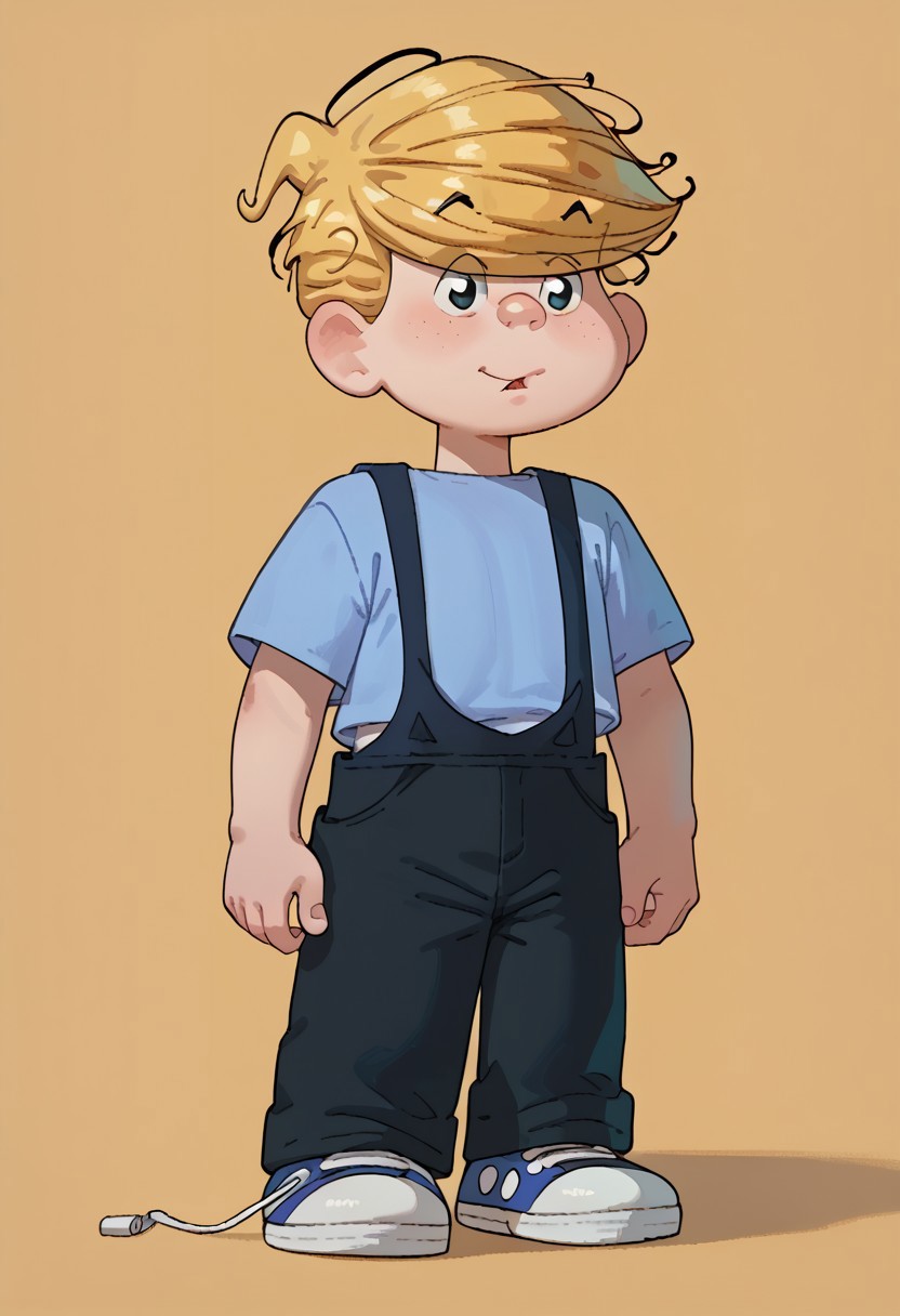 WangV2Style,
score_9, score_8_up, score_7_up, JoeyMacDonald, 1boy, solo, strand of black curly hair, light blue shirt, exposes stomach, black overalls, blue and white sneakers, loose laces