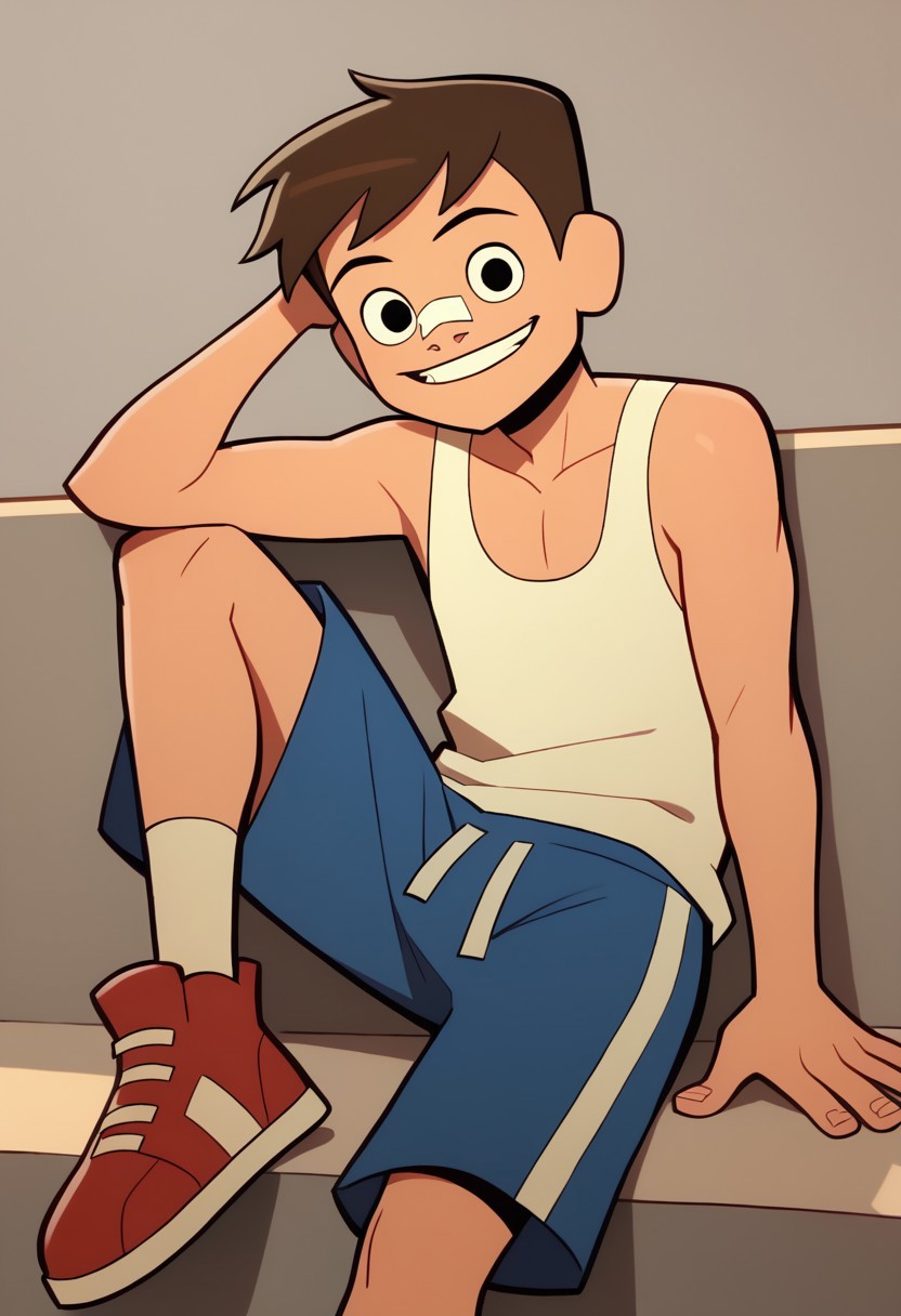 score_9, score_8_up, score_7_up BREAK LuckyLay, 1boy, brown hair, black eyes, nose bandage, white tank top, blue shorts with white stripe, white socks with red stripe, white-laced black snrakers, solo, solo focus, cartoon, source_cartoon, full body, smiling at viewer,