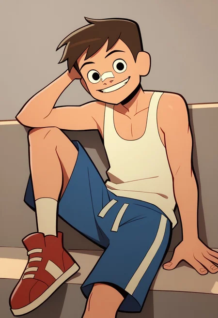 score_9, score_8_up, score_7_up BREAK LuckyLay, 1boy, brown hair, black eyes, nose bandage, white tank top, blue shorts with white stripe, white socks with red stripe, white-laced black snrakers, solo, solo focus, cartoon, source_cartoon, full body, smiling at viewer,