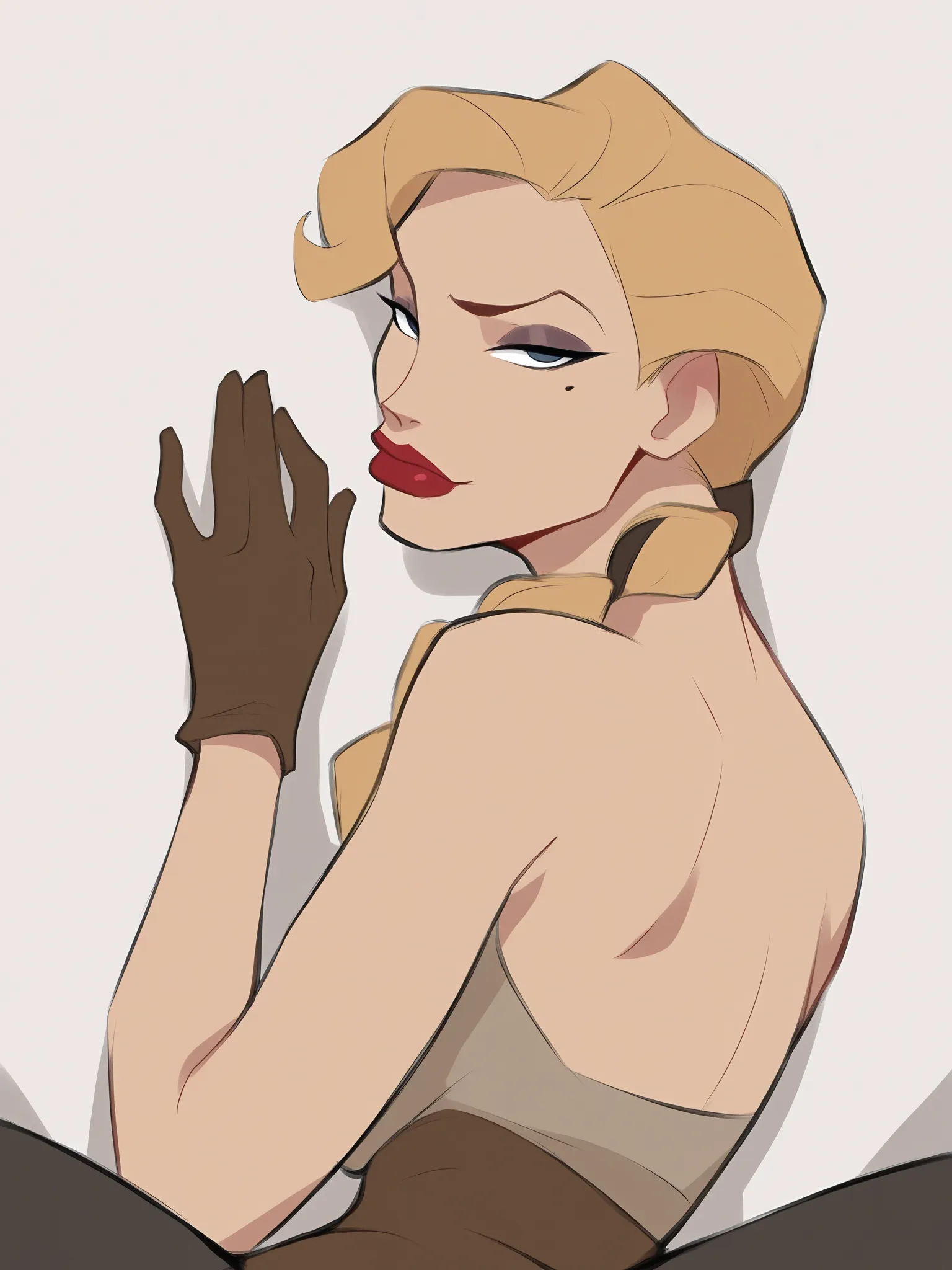 masterpiece, best quality,amazing quality, solo female, solo focus,
 <lora:Atlantis_The_Lost_Empire_Lieutenant_Helga_Katrina_Sinclair_Character:1>,helga_atlantis, blonde hair, lipstick, makeup, red lips, long hair, mole under eye, , single braid, bare shoulders, brown gloves, hair over shoulder, medium breasts, black eyes, eyeshadow, blue eyes, 1girl, looking back at viewer, male pov, vaginal sex, sex,