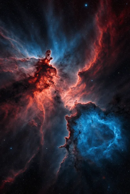 <lora:Vibrant_Nebula_2:0.8> VibrantNebula style.
A brooding mosaic of iron-gray, cobalt blue, and deep ruby gas sheets clash like tectonic plates in the heavens, forming jagged wavefronts and rippling edges along a vast collision zone. At the impact center, starburst cores erupt in shimmering orange light, partially veiled behind complex dust structures that fracture and scatter their glow. Wisps of lighter gas extend like fractures across the image plane, hinting at the aftermath of ancient stellar collisions. Captured from a diagonal drift perspective and rendered with multi-directional volumetric lighting, the composition emphasizes chaos, depth, and latent violence, held still in a moment of frozen force.