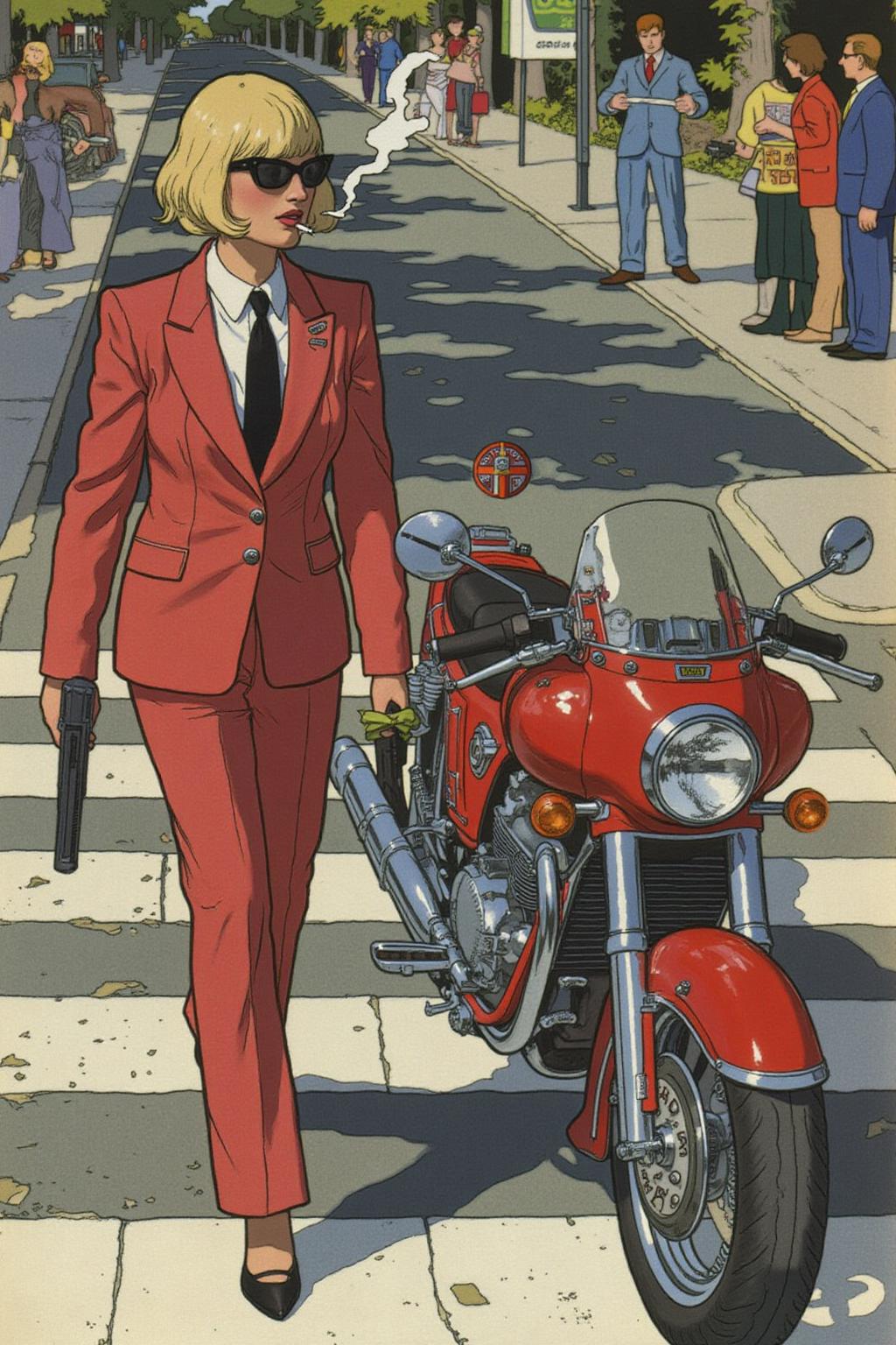 ivanbilibin1 illustration. 
Overhead shot of an Blonde woman walking away from a futuristic motorcycle parked at a zebra crossing. The woman has bob hair, is smoking. She wear a red business suit, white shirt, black tie, and sunglasses. She holds a gun with a confident grip. The motorcycle itself is red, sleek and metallic, with intricate designs and a futuristic vibe  <lora:ivanbilibin1_cap_d6a3:1.0><lora:835906644467600506:0>