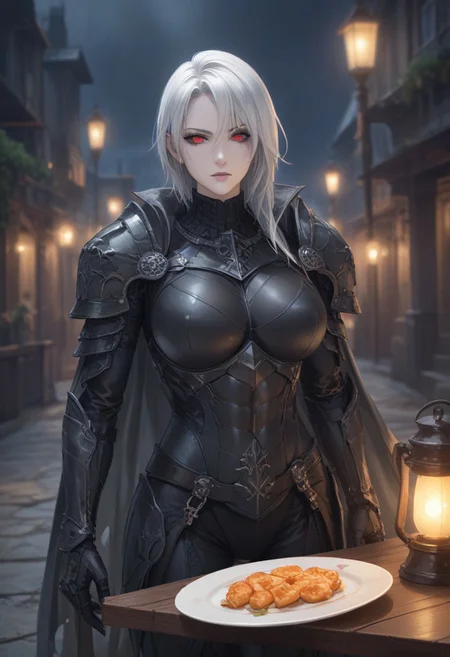score_9, score_8_up, score_7_up, (Scar) (full armor) (plate armor).
Feminate, female changeling, gray skin, glowing red eyes, focus on eyes, grey makeup, platinum hair, pixie haircut, dark grey hair roots, eyeshadow, 1girl, black leather armor, grey cloak, short bow on back, rogue
fantasy city, fantasy background, stone building, night time, street lanterns, dramatic lighting, blurred background