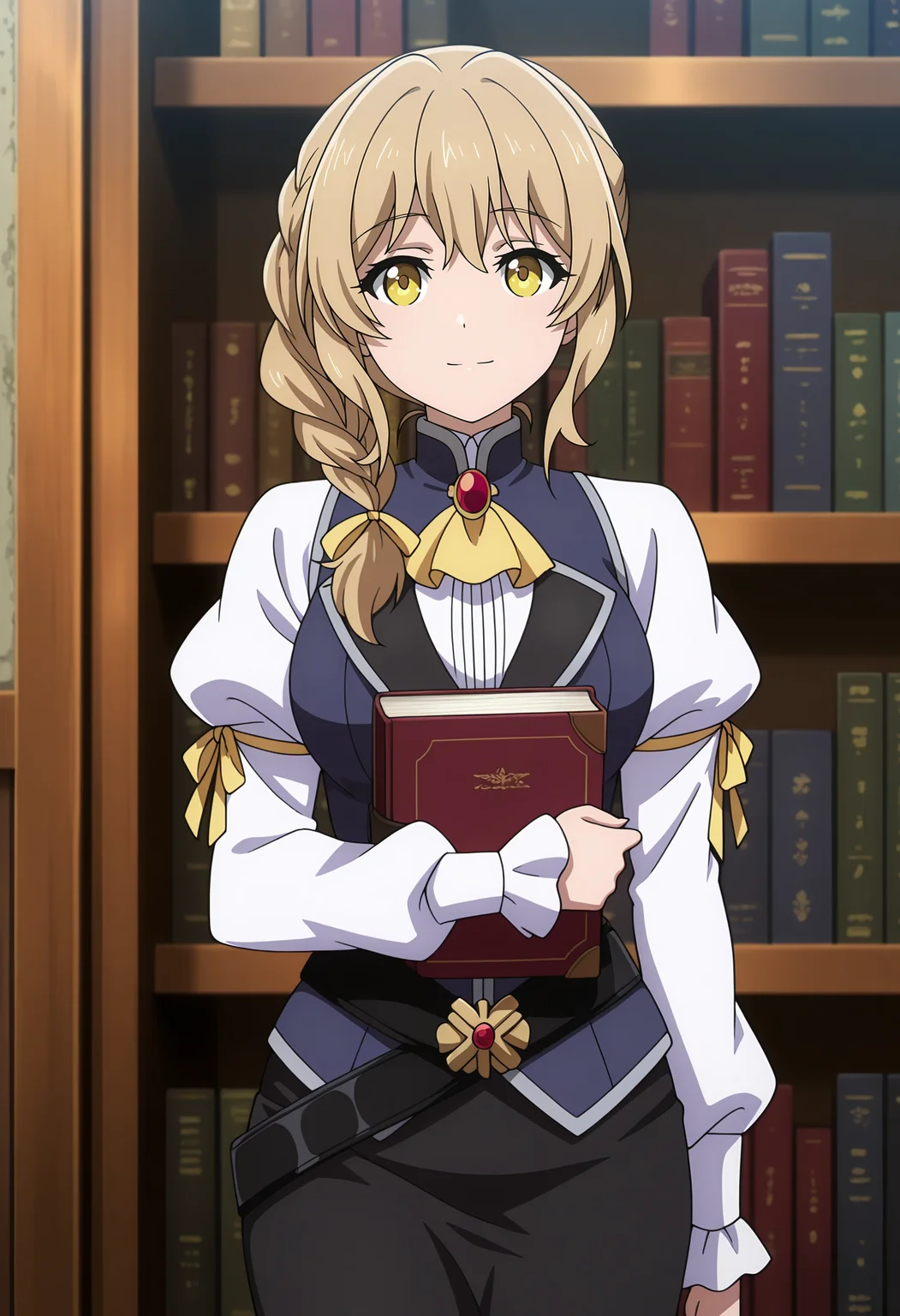 anime screencap, masterpiece, best quality,
<lora:GoblinSlayer_Receptionist_IlluXL:0.9>,
1girl, solo, closed mouth, light smile,
side ponytail, braided ponytail, hair over shoulder, long hair, light brown hair, yellow eyes,
blue vest, red brooch, yellow ascot, white shirt, juliet sleeves, arm ribbon, yellow ribbon, loose belt, black belt,
long skirt, pencil skirt, black skirt,
hugging book,
standing, looking at viewer, cowboy shot, arms at sides,
blurry background, indoors, wooden wall, day, bookshelf