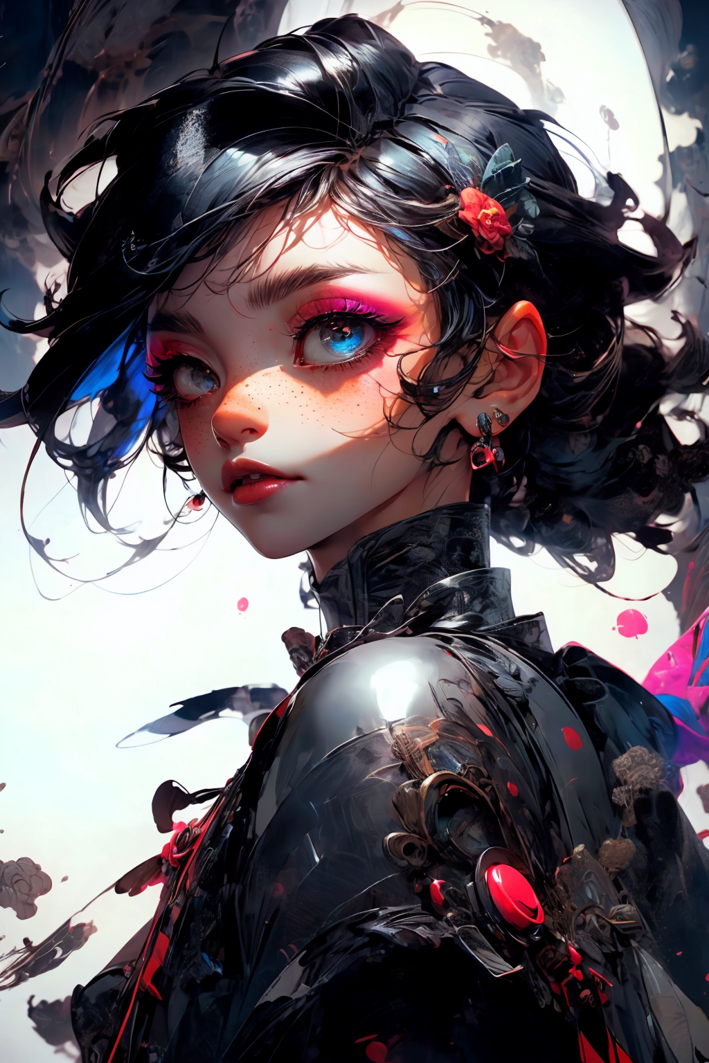 close-up shot, woman, gothic make-up, detailed skin, light freckles, shallow depth of field, OverallDetail
<lora:more_details:0.4>
 <lora:Cosmic anime-oil fusion v2:0.45> 
<lora:AnimeVibesV3:0.3> animevibes, 
<lora:3DMM_V11:0.5> 3DMM 
<lora:midjourney_20230624181825:0.7> midjourney ,
 <lora:LAS:0.5> cloud,colorful,
<lora:msw_locon-t2:0.6>
 <lora:wuxia2:0.6> gu,
 <lora:CyberpunkStyleV1:0.2> PunkAI ,
<lora:CatgirlMaidV1.0-000003:0.35> CatgirlMaid, shiny, shiny hair, shiny skin, shiny clothes