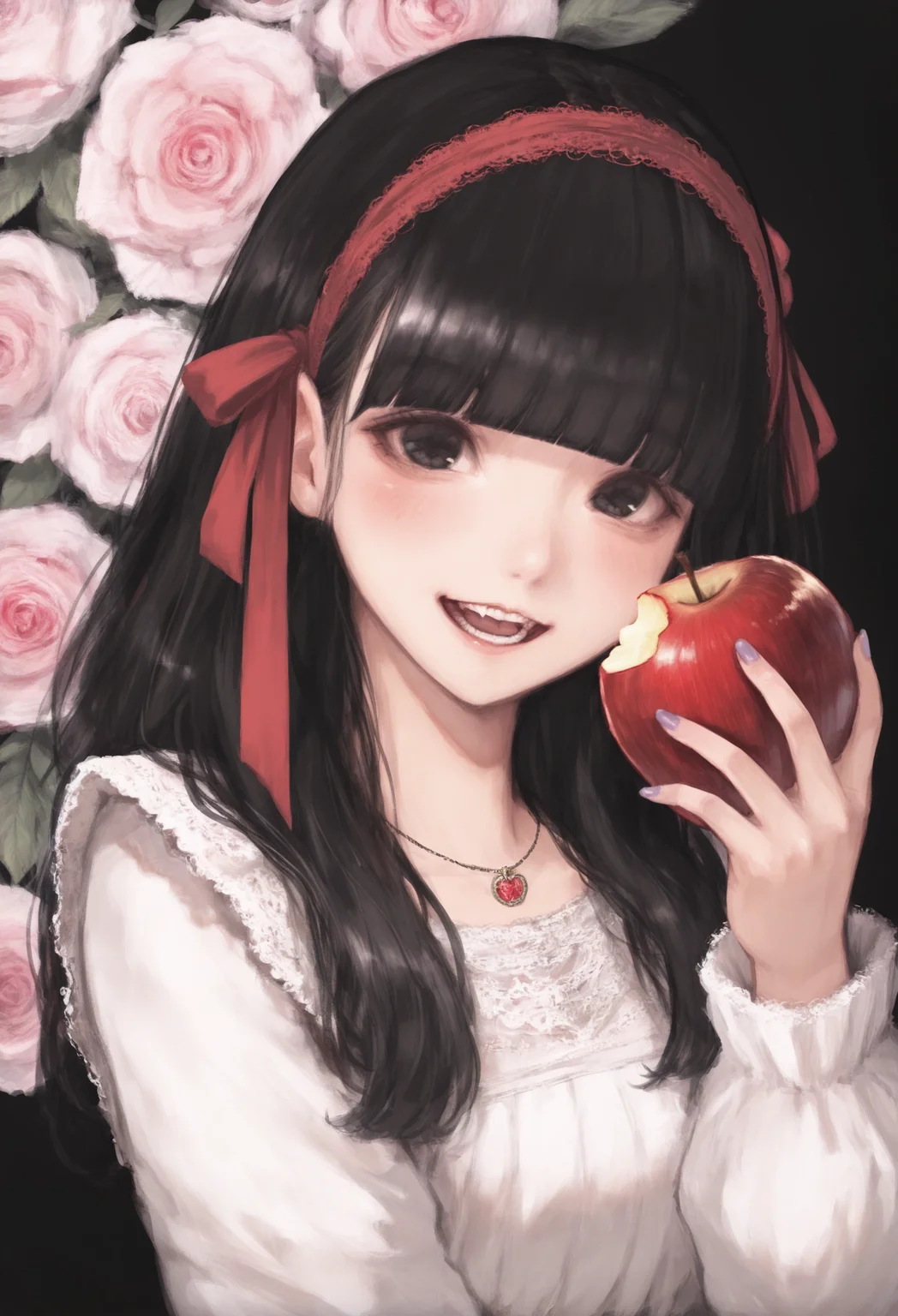 1girl,
solo, food, black hair, fruit, long hair, holding fruit, apple, holding food, holding, looking at viewer, ribbon, red hairband, hairband, blunt bangs, upper body, hair ribbon, open mouth, smile, black eyes, flower, purple nails, black background, red ribbon, blush, necklace, white dress, rose, teeth, fingernails, simple background, hand up, jewelry, :d, long sleeves, dress,
.
masterpiece, best quality, very aesthetic, absurdres
<lora:akafornoob:0.95>