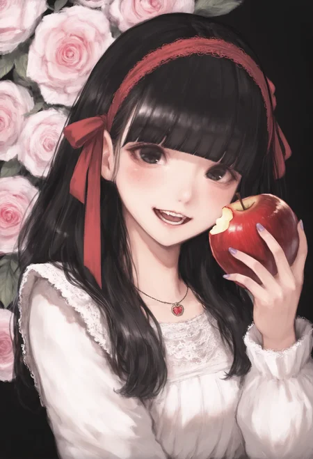 1girl,
solo, food, black hair, fruit, long hair, holding fruit, apple, holding food, holding, looking at viewer, ribbon, red hairband, hairband, blunt bangs, upper body, hair ribbon, open mouth, smile, black eyes, flower, purple nails, black background, red ribbon, blush, necklace, white dress, rose, teeth, fingernails, simple background, hand up, jewelry, :d, long sleeves, dress,
.
masterpiece, best quality, very aesthetic, absurdres
<lora:akafornoob:0.95>