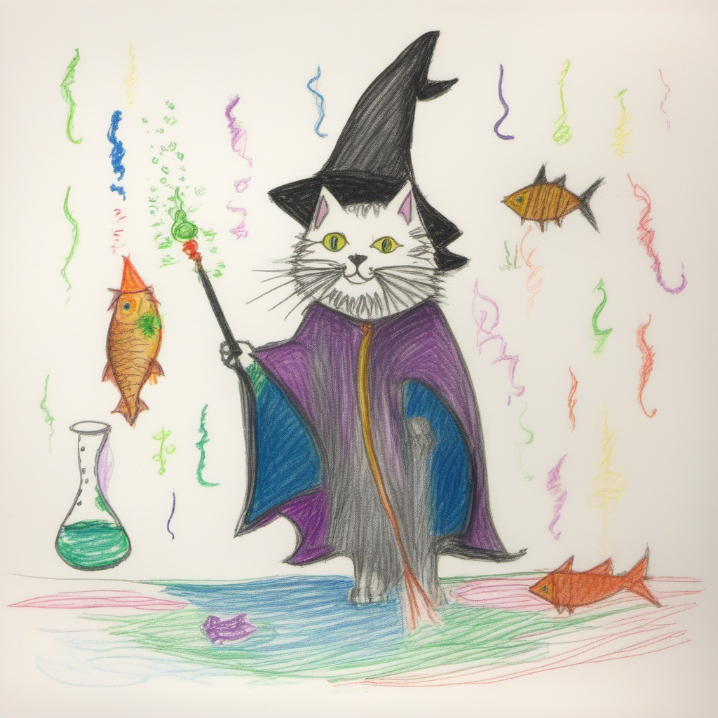A wizard cat casting a spell to make fish float around him
 <lora:crayons_v1_sdxl:1>