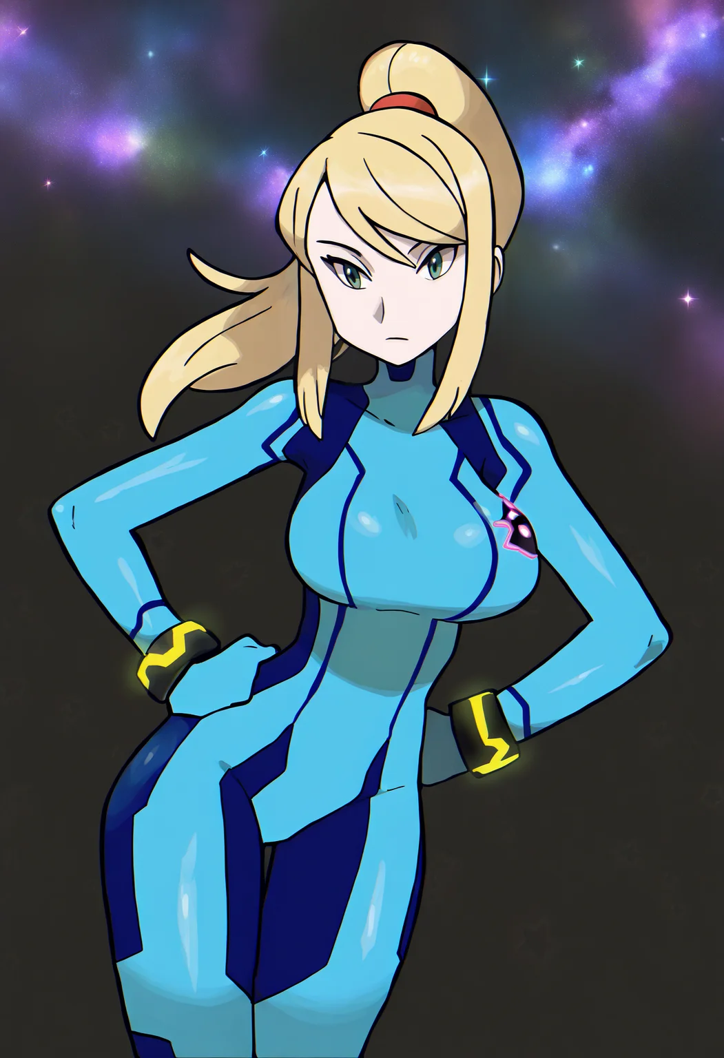 sugimori ken,
best quality, amazing quality, very aesthetic, absurdres,
(black background, galaxy background, starry background:1.8)
1girl, samus aran, green eyes, blonde hair, medium hair, ponytail, sidelocks,
blue bodysuit,
standing, hands on hips, <lora:KenSugimoriIllustriousLocon_byKonan:1>