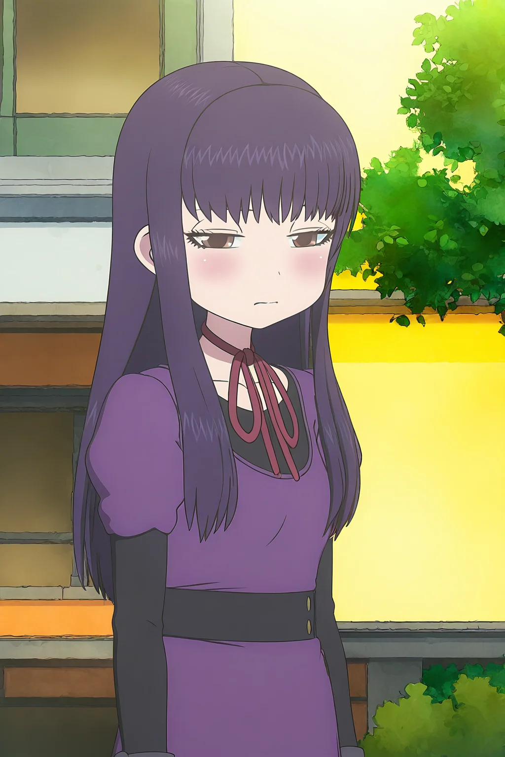 masterpiece,best quality,good quality,rating safe,, <lora:oono_akira-ill_narcissu:1>,oono akira, 1girl,solo,
, long hair, purple hair, brown eyes, neck ribbon, red ribbon, purple dress, long sleeves, pantyhose,shoes,standing,closed mouth,looking at viewer,blush,upper body,outdoor