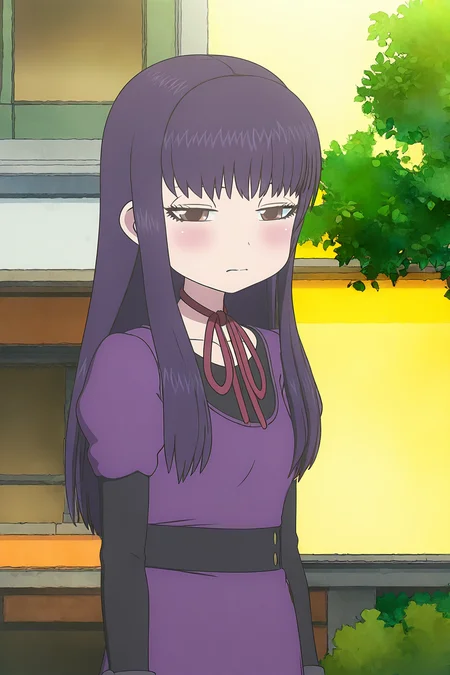 masterpiece,best quality,good quality,rating safe,, <lora:oono_akira-ill_narcissu:1>,oono akira, 1girl,solo,
, long hair, purple hair, brown eyes, neck ribbon, red ribbon, purple dress, long sleeves, pantyhose,shoes,standing,closed mouth,looking at viewer,blush,upper body,outdoor