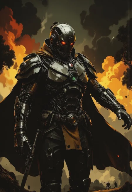 detailed renaissance oil painting, masterpiece, A highly detailed, high-quality image in the style of ckrcc, of hyperdetailed cyberpunk robot warrior robot, silvered helmet, glowing lights, directional lighting, masterpiece, perfect composition, perfect hands, cowboy shot