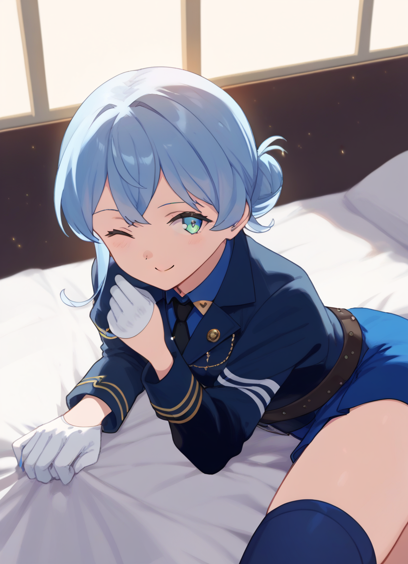 score_9, score_8_up, score_7_up, masterpiece, best quality, absurdres, official art, official style, (anime screencap, megami magazine:1.2), zPDXL2, zPDXLxxx, <lora:Shibafu_Style_Pony_v1:0.7>, 1girl, solo focus, shibafu_style, <lora:gotland-09:0.7>, gotlandandraKC, long sleeves, jacket, collared shirt, belt, white gloves, hair bun, blue skirt, military uniform, thigh strap, single hair bun, blue shirt, blue sailor collar, black necktie, blue thighhighs, half gloves, <lora:neg4all_bdsqlsz_xl_V91:1.0> <lora:ALTXL_pony_0061_8:2.0>, <lora:detailed_hands-000002:1>, hand bedroom, on bed, bed sheet, evening, sunset, dim lighting, light particles, on stomach, from above one eye closed, closed mouth, smile, looking at viewer,