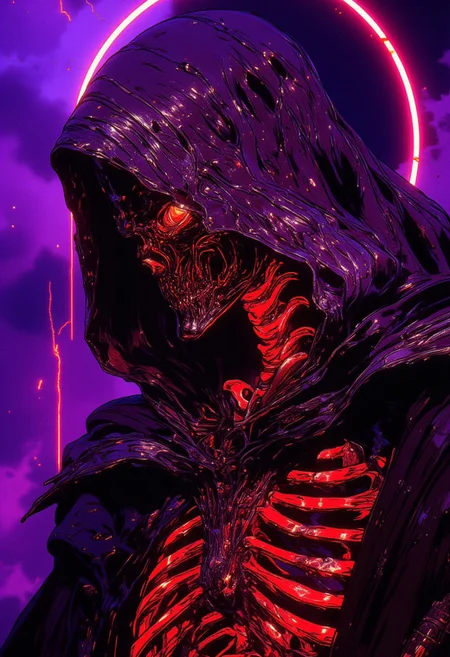 A hyper-detailed digital artwork presenting a **close-up** of a human skeleton with its head slightly tilted downward, exuding an intense, otherworldly aura. The bones are now a **lustrous amethyst purple**, with a highly reflective, liquid-metal sheen that shifts between deep indigo and fiery magenta under dynamic lighting. A pulsating **crimson glow** outlines its form, casting eerie highlights along its sleek, polished surface. Thin veins of **molten silver** pulse subtly through the bone structure, radiating an ethereal energy.  
The tattered robe and billowing cloak are replaced with a **form-fitting, high-tech exoskeletal armor**, composed of segmented, **glowing crimson and obsidian plates**, seamlessly integrated with the skeleton’s form. The armor has an organic flow, featuring intricate, **bioluminescent circuit-like etchings** that pulse softly, enhancing the futuristic yet supernatural aesthetic.  
The background is now a **vivid cosmic violet**, filled with swirling **nebula-like mist** and subtle **scarlet lightning arcs**, creating a surreal, celestial atmosphere. A luminous, shifting **red-white halo** crackles above the skeleton’s head, flickering with ghostly intensity. The fusion of **ultra-glossy metallic hues, neon glow effects, and an enigmatic cosmic backdrop** crafts an electrifying and immersive scene, balancing futuristic cyber aesthetics with supernatural mysticism. **HD, 8K quality, ultra-detailed, masterpiece artwork.**