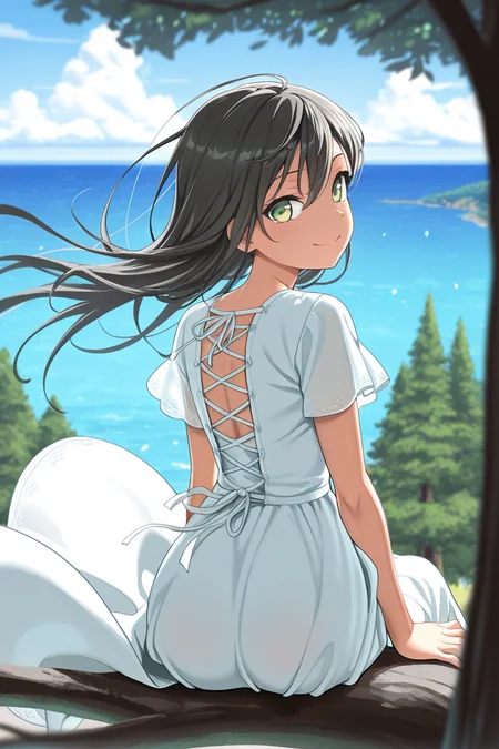 masterpiece, best quality, amazing quality,
 <lora:Tae_IL:1> tae, 1girl, solo, long hair, outdoors, dress, sitting, tree, looking back, smile, green eyes, cloud, looking at viewer, day, from behind, white dress, sky, black hair, ocean, floating hair, wind, short sleeves, blurry, blue sky, water