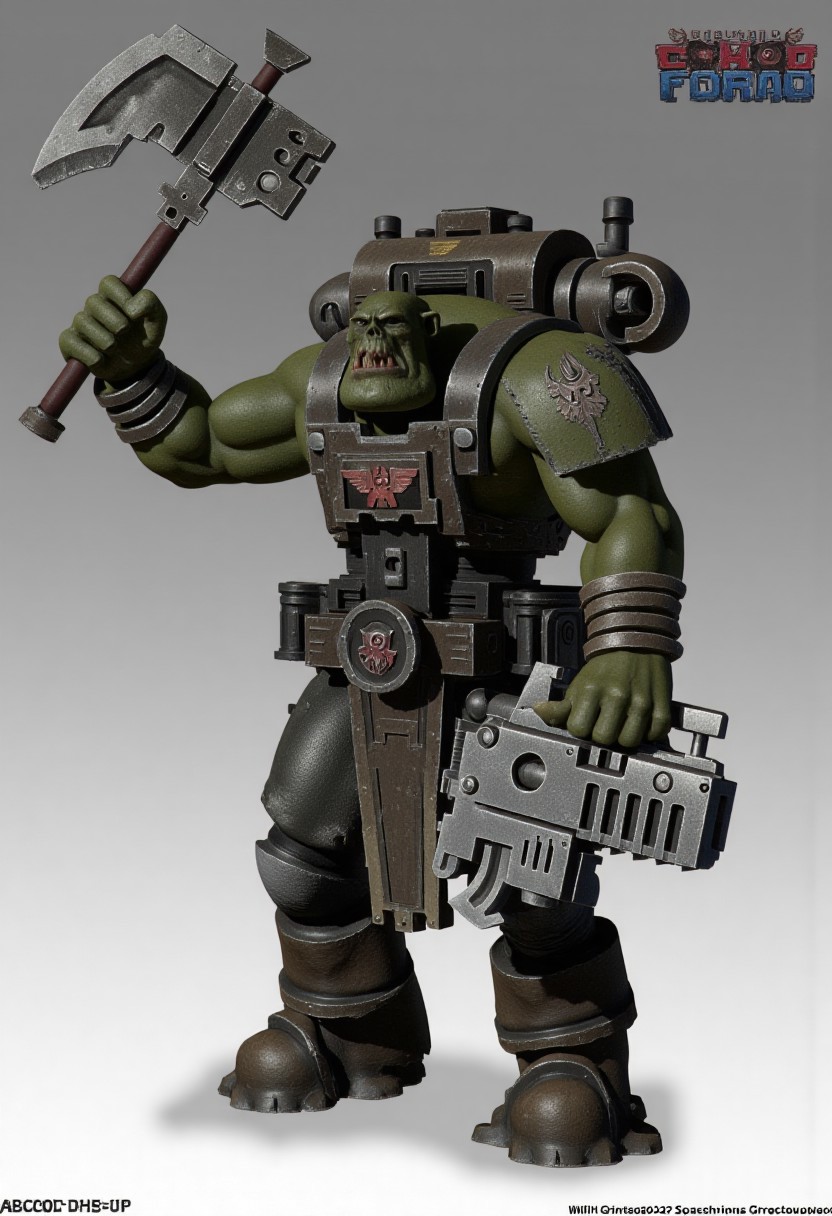 Score_9_up, absurdres, source: GamesWorkshop, grimdark, gothic horror, Warhammer 40000, a snarling ork is waving an axe in one hand and firing a machinegun in the other, lifelike, hyperrealism, perfect hands, perfect anatomy, project unreal engine