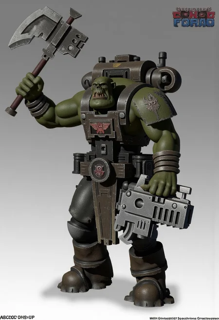 Score_9_up, absurdres, source: GamesWorkshop, grimdark, gothic horror, Warhammer 40000, a snarling ork is waving an axe in one hand and firing a machinegun in the other, lifelike, hyperrealism, perfect hands, perfect anatomy, project unreal engine