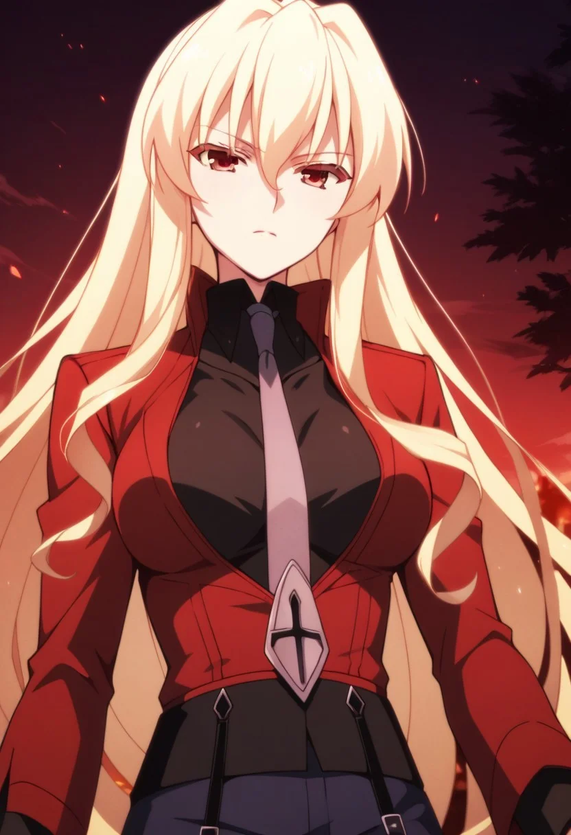 score_9,score_8_up,score_7_up,source_anime,Leticia Draculea (Adult),1girl,solo,breasts,shirt,long sleeves,very long hair,jacket,necktie,red jacket,
